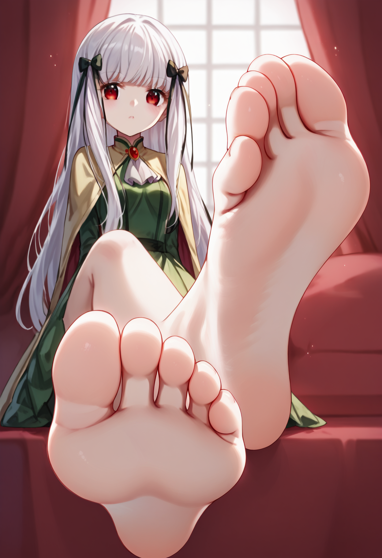 score_9, score_8_up, score_7_up,source_anime,rating_explicit,uncensored,anatomically correct,best perspective BREAK
1girl,  <lora:bestfootposition:1> bestfootpose, barefoot, toes, 
 <lora:sophia-ascart-s2-ponyxl-lora-nochekaiser:1>  sophia ascart, long hair, bangs, red eyes, bow, ribbon, hair ribbon, white hair, hair bow, black bow,dress, brooch, green dress, capelet, ascot, white ascot, gemstone, red gemstone,