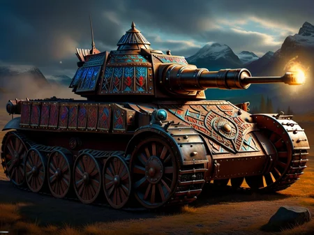 <lora:CulturePunkAI_3:.9> vikingpunkai
tank Highly detailed, amazing, Impressive lighting, vibrant colors, Ultra Realistic, High quality, Highly detailed, trending on artstation, intricate detailed background