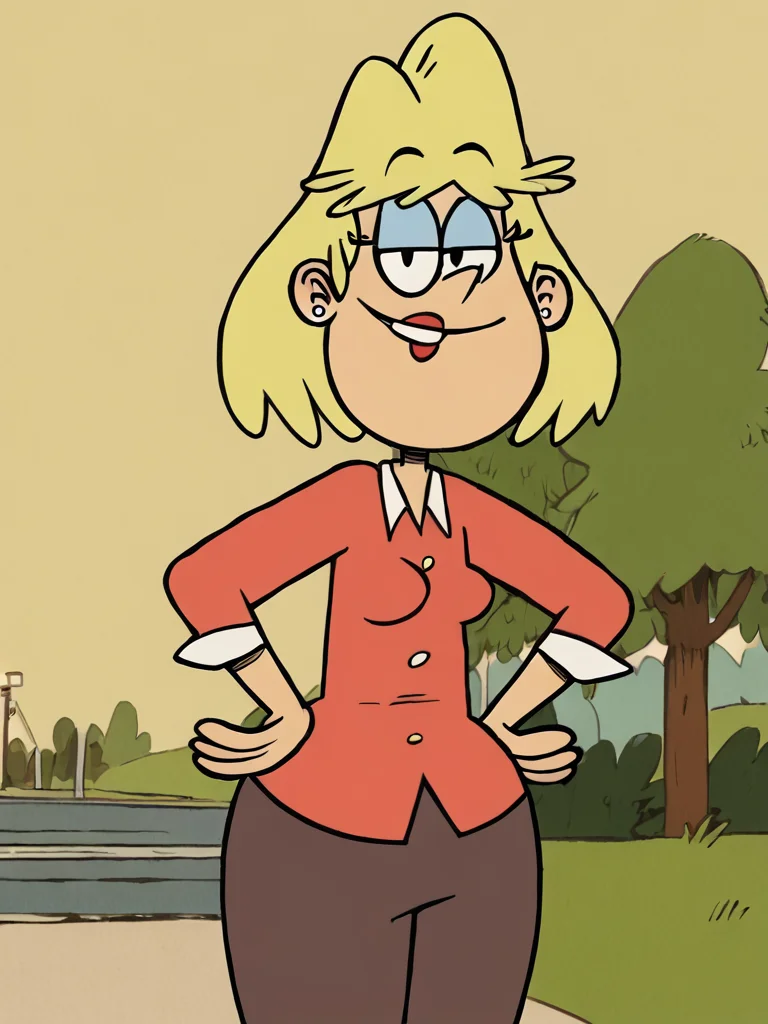 1girl, solo, blonde hair, short hair, earrings, jewelry, rita loud, smile, shirt, pants, style parody, breasts, rita_loud, standing, stud earrings, lipstick, score_9, score_8_up, score_7_up, score_6_up, score_5_up, score_4_up, smile, outdoors, looking at viewer, hand on own hip, <lora:RitaLoudPony1.1:1>