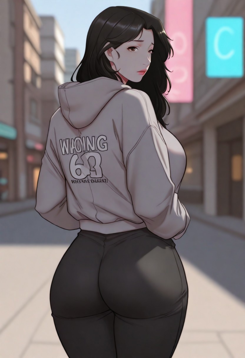 masterpiece, best quality, amazing quality, very aesthetic, absurdres,
hansomi, 1girl, solo, long hair, black hair, brown eyes, large breasts, mature female,
outfit1, hood, jacket, black pants, long sleeves, hood down, grey hoodie, clothes writing, 
back view, ass, looking at viewer, colorful, cinematic atmosphere, high contrast, blurry background, outdoors,