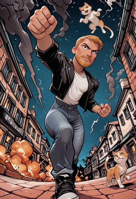 cartoon, masterpiece, best quality, amazing quality, 4k, high resolution, absurdres, newest, sopht, brick building, starry sky, night sky, smoke, 1boy, blond hair, short beard, leather jacket, white tshirt, jeans, black sneakers, 1man, man, very short hair, sideswept bangs, male focus, dynamic pose, action, foreshortening, dynamic angle, male focus, foreshortening, looking at viewer, cat, charging cat, BREAK (dinosaur), explosions,