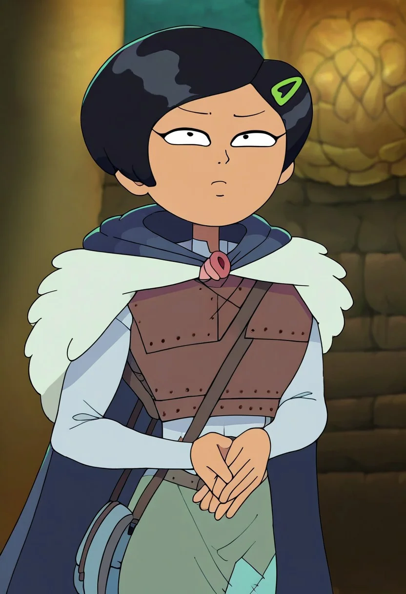 Marcy Wu, zPDXL, Expressiveh, source_anime, huge breasts, solo female, armor, black hair, short hair, green hairclip, grey skirt, black cape