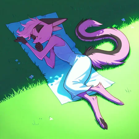 1girl,solo,furry,pink fur,tail,ears,source_furry,
,<lora:Viriathus_Vayu_illustrious:0.8>,
masterpiece, child, kid,
grass, laying, sleeping, summer, outside, messy hair, white summer dress,