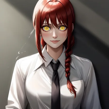 ((masterpiece)) best quality, highly detailed, realistic,(EMB_sksmakimatest,glowing eyes,scary exppresion:1.2), front view, looking at viewer, (sexy:1.2), (blood spray:1.2),(slight smile:1.3)
