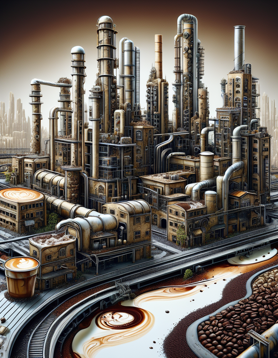 ((best quality)), ((masterpiece)), ((realistic,digital art)), (hyper detailed),DonMC0ff33Ch0c, Industrial City, organic, irregular shapes , <lora:DonMC0ff33Ch0c_XL-000009:1.0>