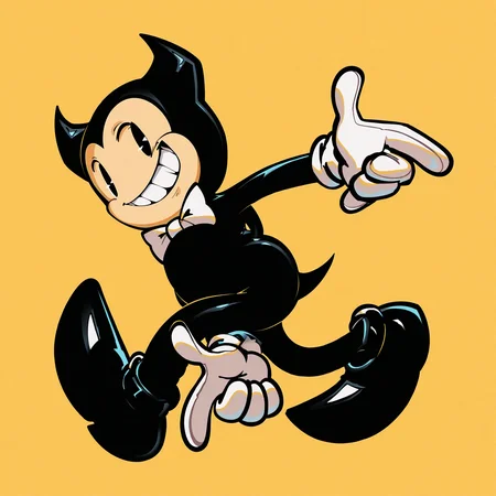<lora:ollie_Illustrious_Mlaofmd-10:1.0>, <lora:Sonic_Adventure_Pose_Illustrious-000009:1.0> masterpiece, best quality, newest, absurdres, highres, perfect anatomy, 1boy, solo, ollie, bendy the dancing demon, black skin, 2 horns, black eyes, smile, grin, bow tie, gloves, black shoes, yellow background, simple background, yellow theme, sonic adventure pose, jumping, looking at viewer, grin, teeth, full body