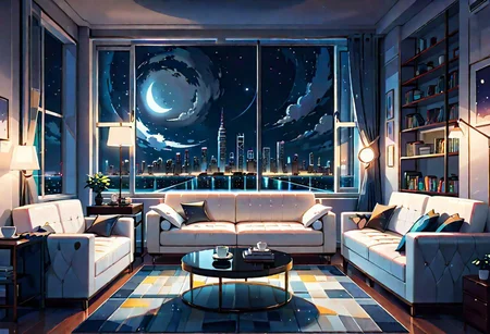 ((front view)), Shallow scene, ((animation style)), modern-style interior, with white walls, (large windows), a  study, Sofa, coffee table, bookcase, single wall, (gloomy room), Turn off the indoor lights , quiet and mysterious night sky, starry sky, moonlight, city night view, (City high-rise building scenery), (City scenery outside the window)