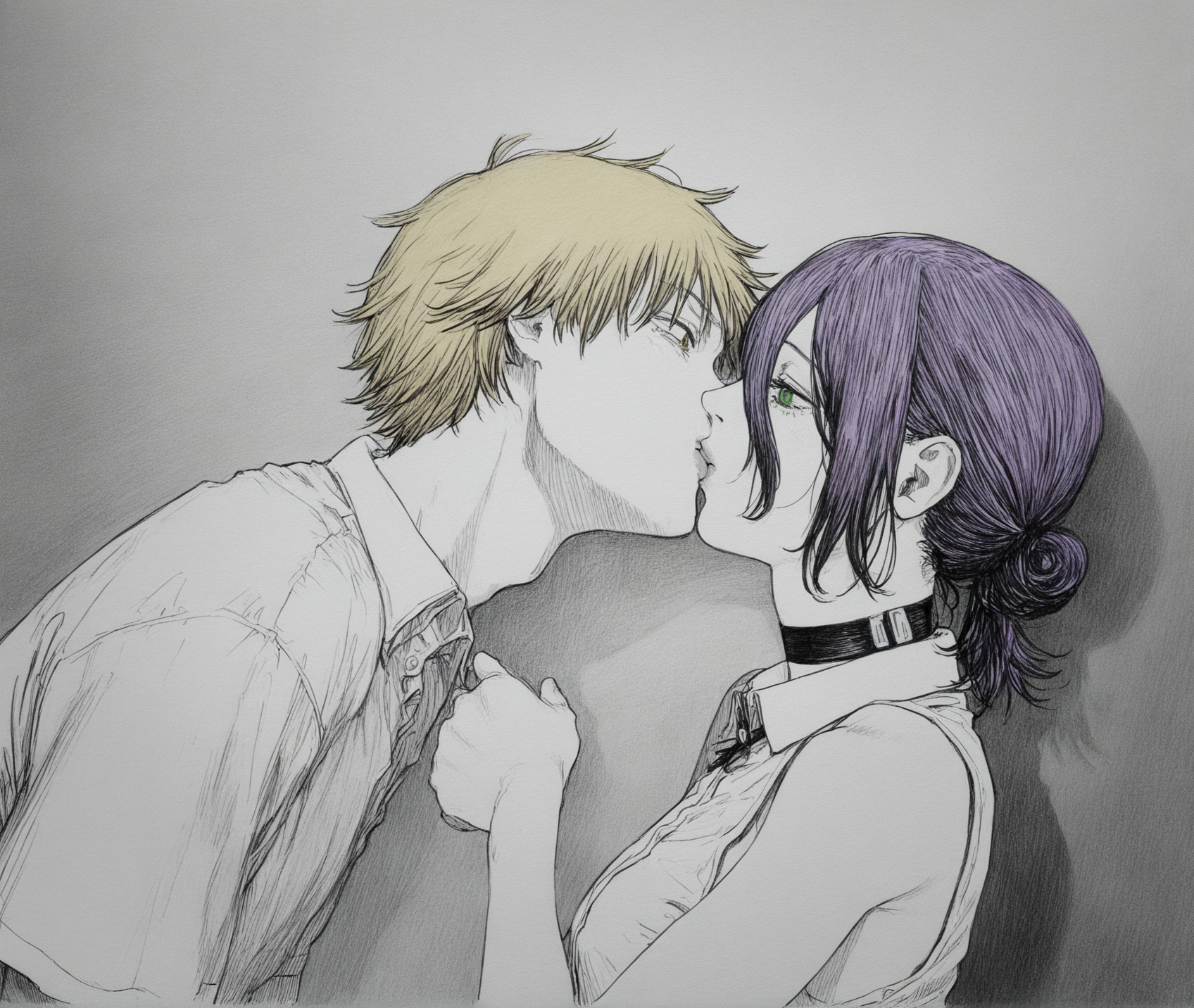 monochrome,greyscale,(traditional media:0.7),graphite \(medium\),hatching \(texture\),
1girl,reze \(chainsaw man\),solo,shirt,white shirt,sleeveless,collared shirt,sleeveless shirt,bare shoulders,lips,green eyes,purple hair,choker,hair between eyes,shadow,parted bangs,bare arms BREAK
denji \(chainsaw man\),yellow hair,kiss,duo,from side,
<lora:lookback-noob10-v2:0.8>,, <lora:RainEnhencer_ILL_PAseer-V1:1>
