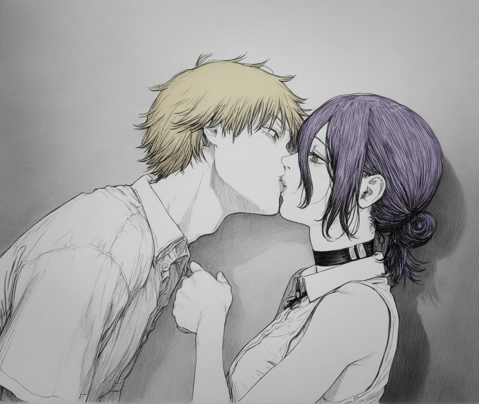 monochrome,greyscale,(traditional media:0.7),graphite \(medium\),hatching \(texture\),
1girl,reze \(chainsaw man\),solo,shirt,white shirt,sleeveless,collared shirt,sleeveless shirt,bare shoulders,lips,green eyes,purple hair,choker,hair between eyes,shadow,parted bangs,bare arms BREAK
denji \(chainsaw man\),yellow hair,kiss,duo,from side,
<lora:lookback-noob10-v2:0.8>,, <lora:RainEnhencer_ILL_PAseer-V1:1>