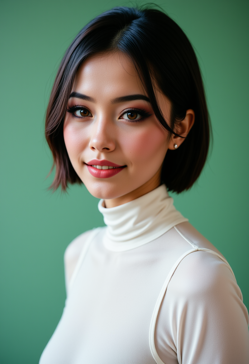 Headshots,masterpiece, a beautiful woman,Hyperrealistic, she is smiling, dynamic angles, multiple angles, photoshoot poses; A photo of Pony Realism girl, a woman with short hair, and brown eyes, she has massive breasts, a beautiful girl,she is wearing a white turtleneck sweater.she has massive breasts, she has piercing eyes. a dynamic pose and a sense of action. simple green background, and the lighting is soft, creating a dramatic effect, creating a focused and dynamic pose.; the scene is set in a beautiful well-lit environment, with a sense of action and adventure. Style: realistic hyper-detailed rendering, 32k UHD, expressive eyes, punk, graphic design, girl's face, pretty and cute, gleaming lips, telling a tale of adventure. Exuding confidence and serenity. The overall mood of the image is happy and relaxed, detailed skin texture,(blush:0.2),(goosebumps:0.3), subsurface scattering,with a playful and whimsical tone,aidmafluxpro1.1, perfection style,,retro50s_style,
