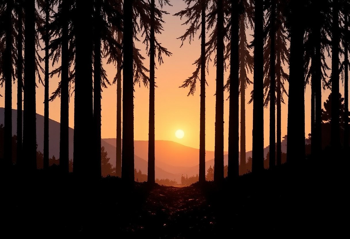 a wide landscape of eerie atmosphere, very tall wild trees, forest, sunset, dark sky, autumn, Silhouette, (no sun), birds,