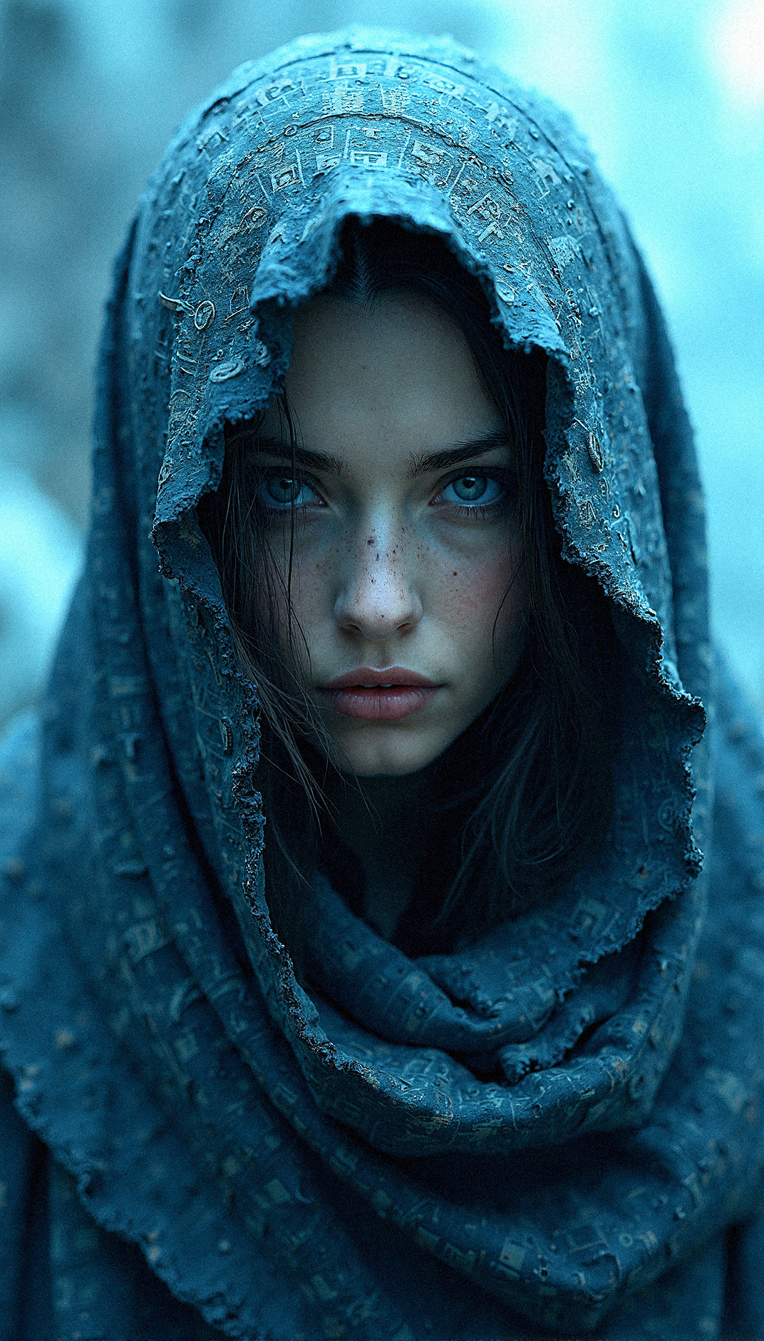 Envision a close-up portrait of a female figure wrapped in ancient, hieroglyph-covered cloth, surrounded by a cold, polygonal blue background. The fabric is aged, with cobwebs adorning its edges, and each hieroglyph is meticulously detailed, adding layers of mystery to the figure. Only their eyes are visible, emanating an otherworldly presence that contrasts sharply with the sharp, crystalline facets of the background. The blue gradient ranges from icy whites to deep navy, giving a sense of an endless, frozen landscape. The detailed textures of the fabric and the clarity of the background facets make the scene feel tangible, as if the figure were a relic preserved within a digital prism. This fusion of ancient and modern aesthetics invokes a haunting and futuristic atmosphere, a glimpse into a world where the past is locked within an icy, geometric void.


