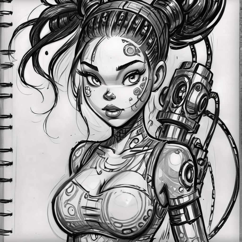 drawix18 cyborg girl, black ink, very detailed <lora:drawix18:0.8>