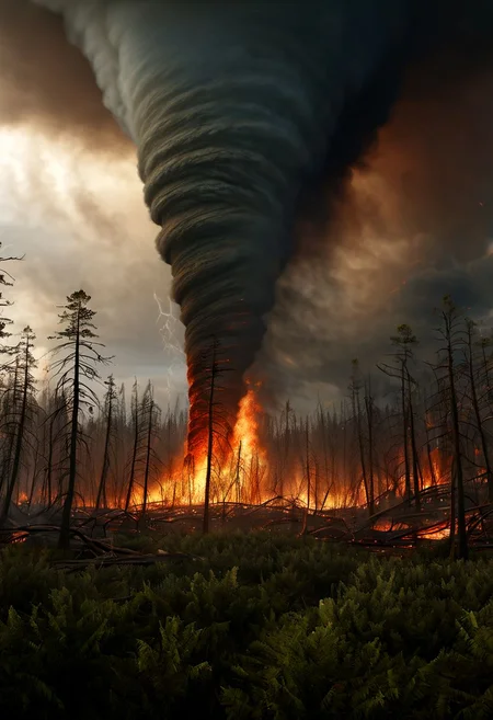tornado over a burning forest , tsunami on the coast, epic , masterpiece, dynamic, highly detailed