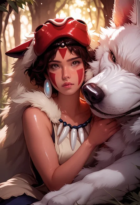 score_9, score_8_up, score_7_up, 1girl, San(/Princess Mononoke)/,(ultra HD quality details), pale skin, brown hair, facepaint, brown eyes, short hair, mask on head,
shiny skin, eye contact, fur cape, crystal necklace, sleeveless_shirt,
tilted angle, moody lighting, p3tl0v3, white wolf, hugging white wolf, dim lighting, medieval fantasy, perfect quality, high quality, photorealistic, sitting BREAK orange and blue hue, (abstract:0.2), expressiveH