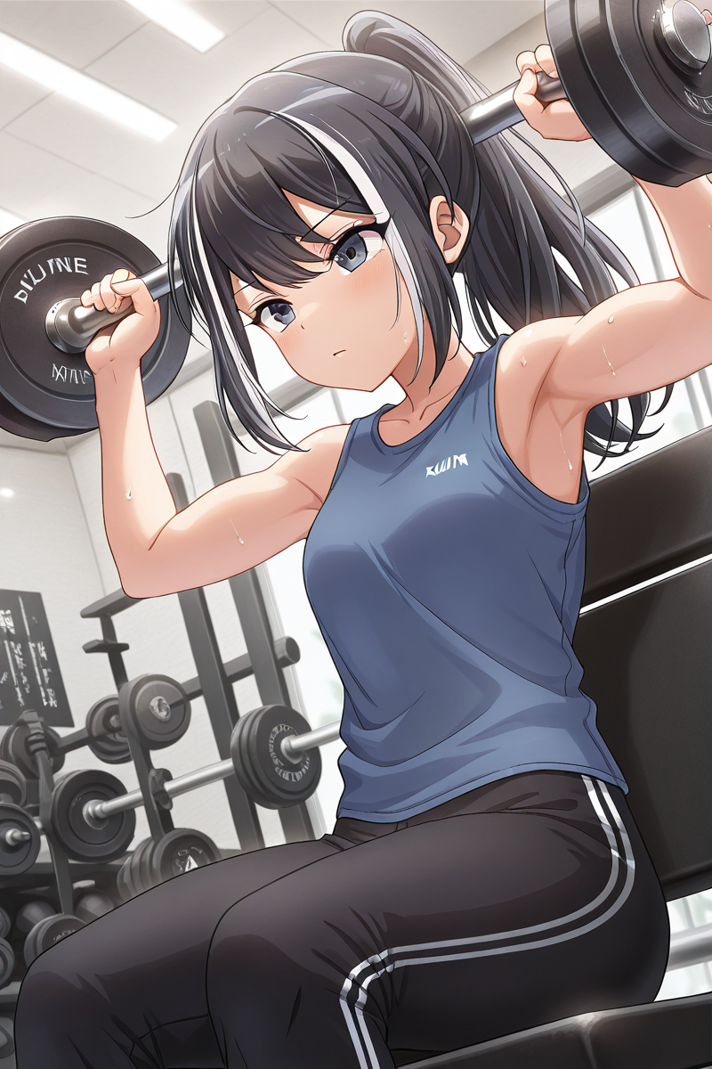 masterpiece, best quality, amazing quality,
 <lora:Kuina_IL:1> kuina, 1girl, solo, black hair, streaked hair, ponytail, pants, multicolored hair, indoors, exercise, long hair, sitting, black pants, dumbbell, blue shirt, sleeveless, shirt, weightlifting, white hair, bangs, armpits, bare shoulders, sleeveless shirt