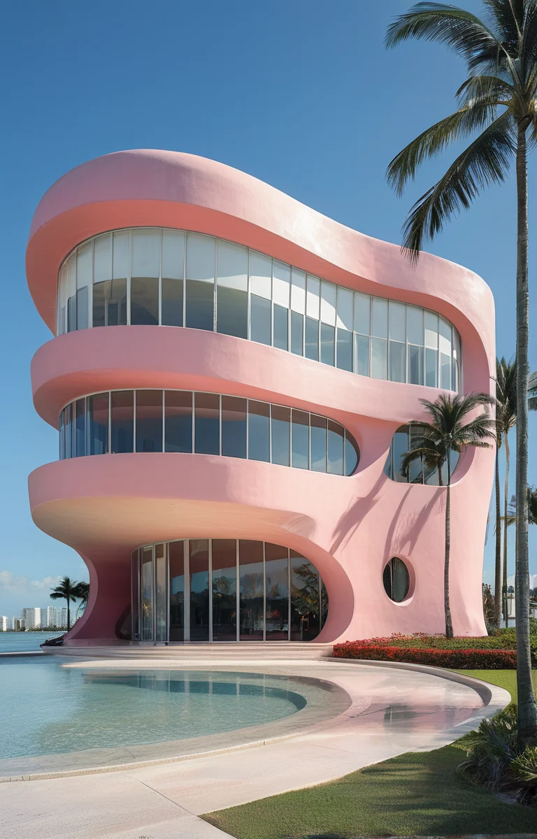 masterpiece,best quality,<lora:tbh313-sdxl:0.75>,illustration,designed by Oscar Niemeyer, Art Deco hotel facade in Miami Beach, featuring pastel colors and streamlined forms