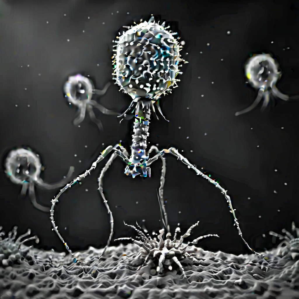 <lora:Phage_XL-000014:1> group of phage, grayscale, monochrome, attacking bacteria, as seen with an electron microscope