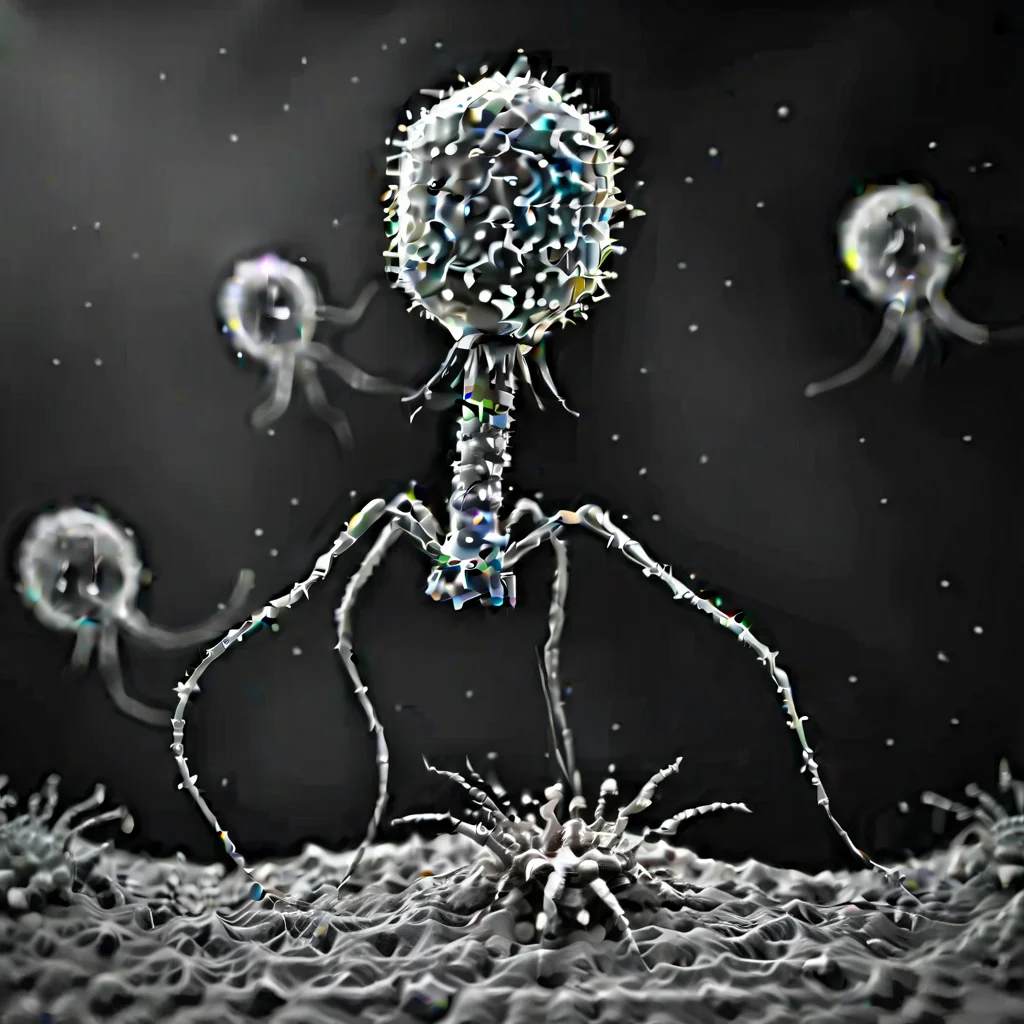 <lora:Phage_XL-000014:1> group of phage, grayscale, monochrome, attacking bacteria, as seen with an electron microscope