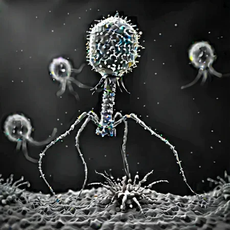 <lora:Phage_XL-000014:1> group of phage, grayscale, monochrome, attacking bacteria, as seen with an electron microscope