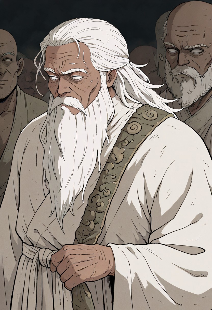 masterpiece, best quality, newest, absurdres, highres, 
Migamiga-Style-V1.0,
1boy, dark skin, dark skinned male, white hair, long beard, long hair, monk, white robe, white eyes, blind eyes, wrinkles, wrinkled face, wrinkled, wrikly, old, mature, old man
