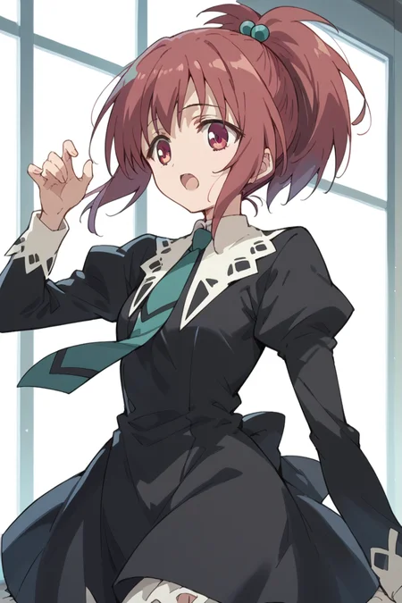 score_9, score_8_up, score_7_up, score_6_up,
<lora:Nagisa_Aoi:1> nagisa, miator, 1girl, solo, school uniform, hair ornament, open mouth, ponytail, necktie, hair bobbles, :o, red hair, black dress, long sleeves,