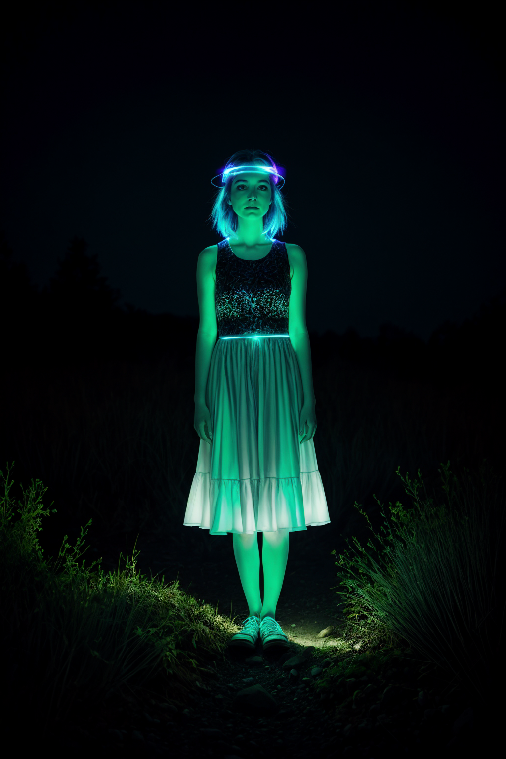 bioluminescent woman, outdoors, night, glowing, magical
