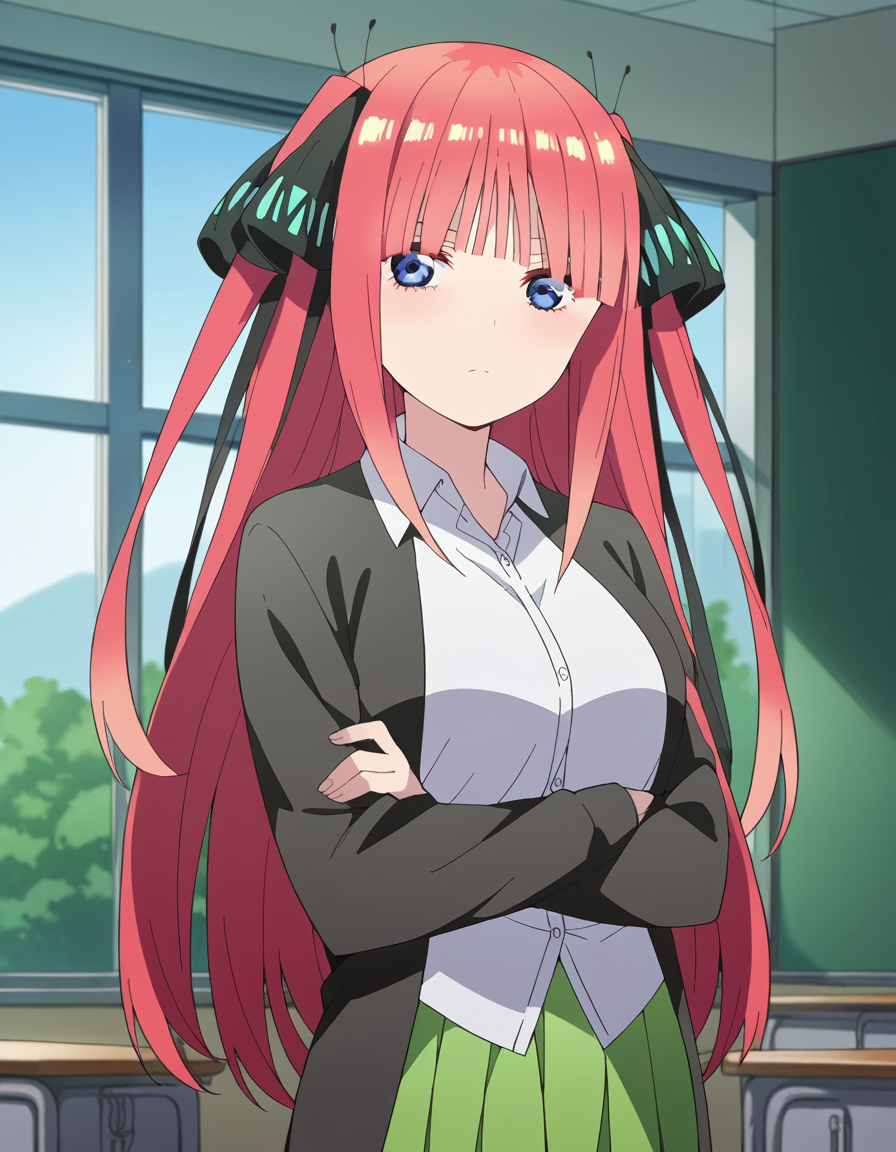score_9, score_8_up, score_7_up, source_anime,
ninonakano, <lora:nino-nakano-s2-ponyxl-lora-nochekaiser:1>, 
nino nakano, long hair, bangs, blue eyes, hair ornament, hair ribbon, pink hair, blunt bangs, two side up, butterfly hair ornament, mature female,
skirt, shirt, long sleeves, white shirt, pleated skirt, open clothes, collared shirt, sleeves past wrists, dress shirt, cardigan, green skirt, open cardigan, black cardigan,
indoors, classroom, crossed arms,
looking at viewer, cowboy shot, dutch angle, solo,