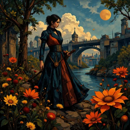 Cubism painting. Ground level wide angle view. 1950s theme. Full body. Old Russian wrinkled eldritch female Ringmaster building a tower in a arcane river delta setting. Intricate black and poppy-red and brass ebru details. Overall, the scene is wartorn and is very detailed. Dramatic lighting illuminates the scene from below. <lora:Charcoal01d_CE_FLUX_AIT:0.6> <lora:Paper_Marbling_Flux:0.5> <lora:아름답고_우아한_r1:0.6> <lora:midjourney_whisper_chromaplex_v1:0.6>