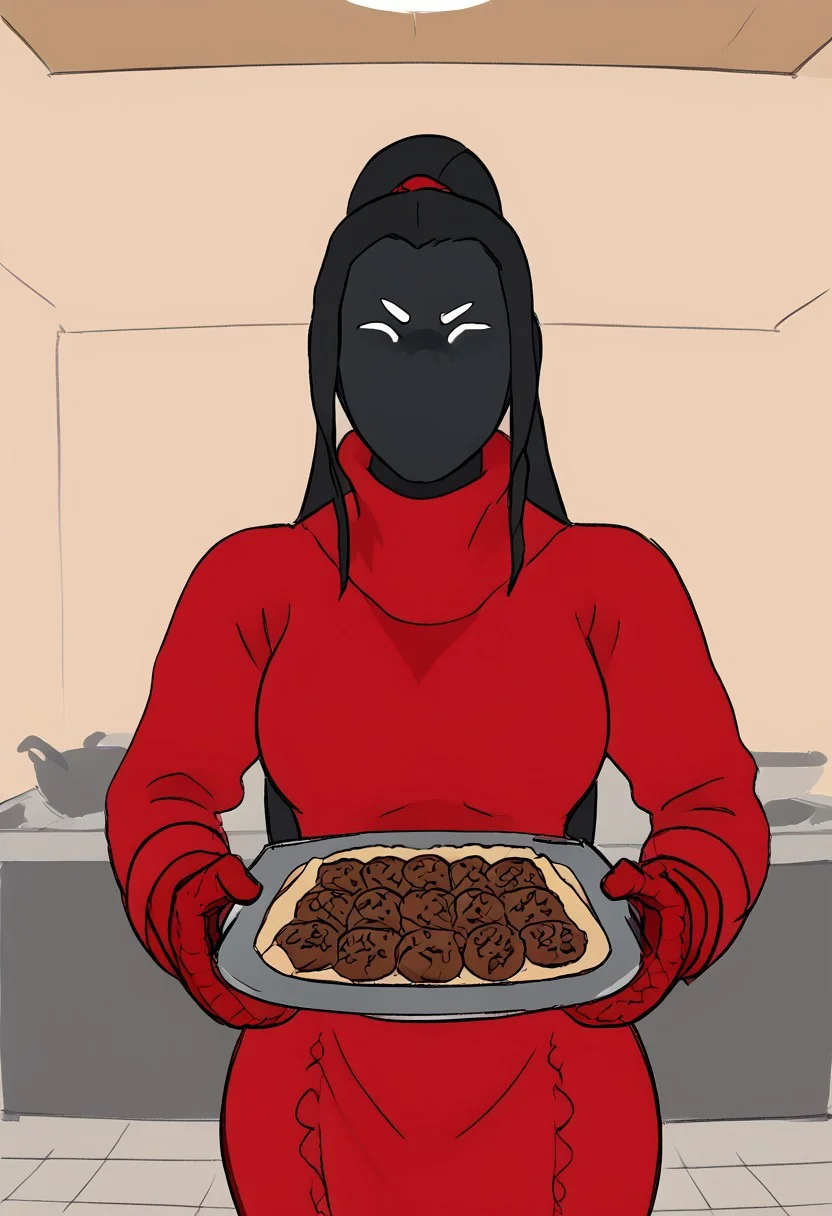score_9, score_8_up, score_7_up, score_6_up, high quality, artwork, masterpiece, detailed, simple shadows, 2.5, shiny skin,
1woman, long black hair, white hair tie, long ponytail hairstyle, black skin, (mouthless), no mouth, white eyebrows mixed with white eyes, expressive eyes, simple white eyes, black simple nose, simple lines, low budget style animation, sketch animation, sparkles, white eyes, black nose, red coat, red kitchen gloves,
happy eyes, sparkles, showing, holding tray full of baking cookies, looking at viewer, frills, food, indoors, chocolate, cookie, 
red coat covering lower half-face, red coat turtleneck covering mouth,
wasp waist, voluptous, hourglass figure, bigger frame, big hips, tall,
realistic body type, unrealistic measures, mature woman, black hair, long hair,
full turtleneck dress, puffy dress, red kitchen gloves, very long dress,
from above, dutch angle, simple drawing, artwork, animation stlye, simple shadows, simple details, keycock, zPDXLpg