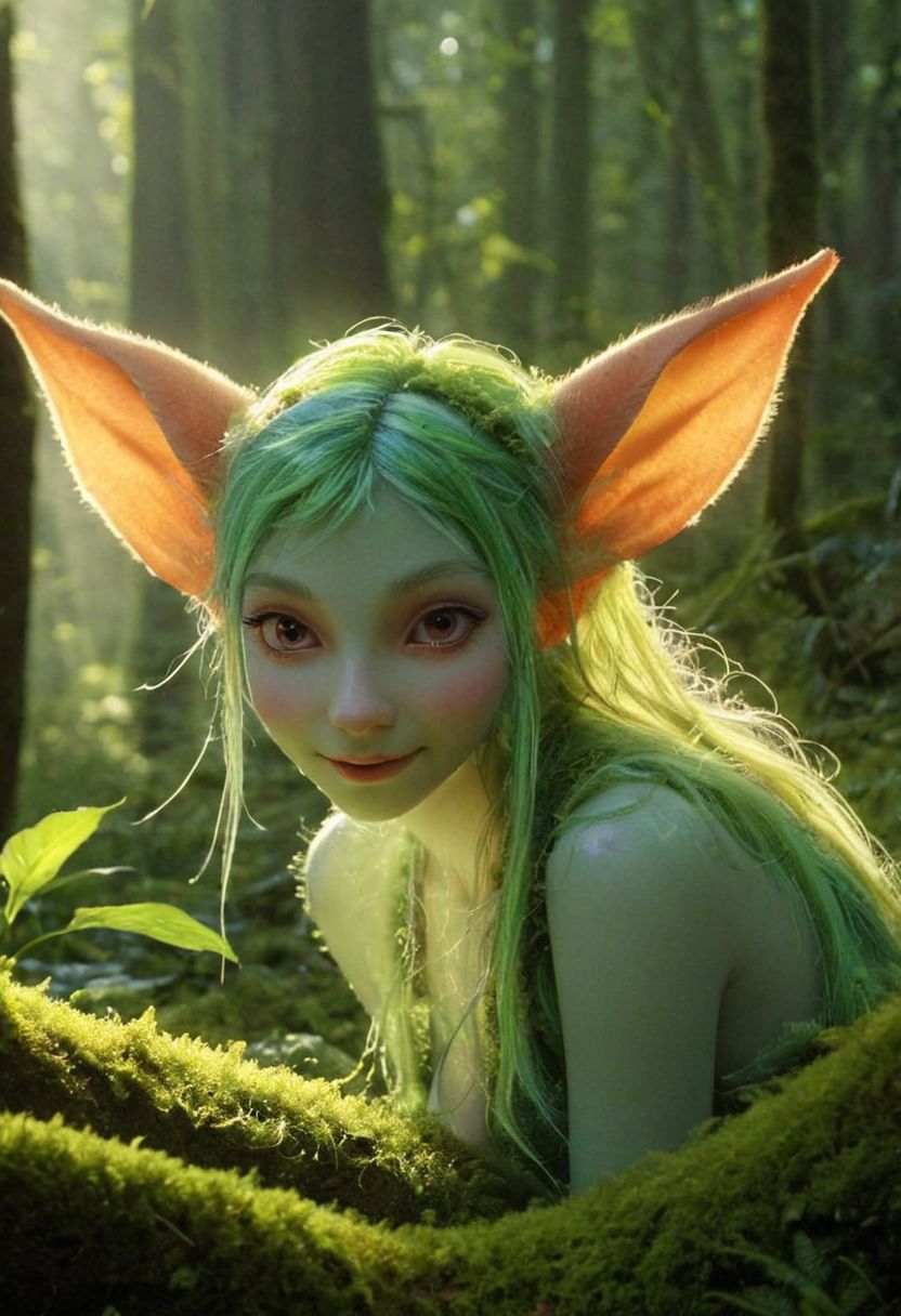 amazing quality, masterpiece, best quality, hyper detailed, ultra detailed, UHD, perfect anatomy, portrait, dof, hyper-realism, majestic, awesome, inspiring, Capture the magic of a forest dawn: an busty anime rainbow neon elfin figure, with oversized ears and delicate, translucent skin, gleefully laughing into the camera. As the morning light filters through the lush green mossy forest, tiny veins delicately trace across their face and ears, illuminated from behind. Let their joy and the enchantment of the moment shine through your lens., real, cinematic, global illumination, cinematic composition, soft shadows,