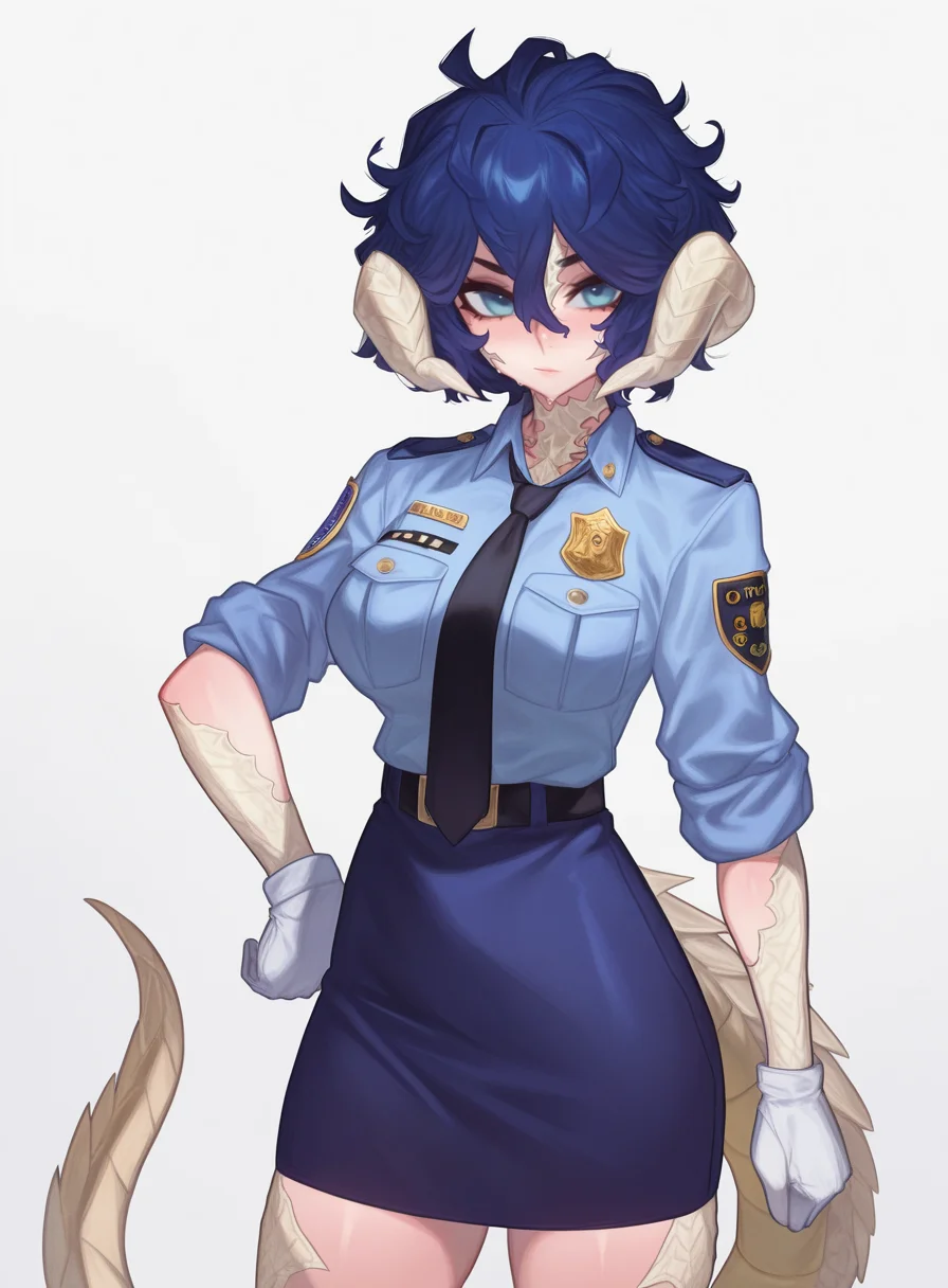 masterpiece, best quality, very aesthetic,gloss,uncensored,
BREAK
1girl, au ra,white scales, dragon horns, dragon tail, blue eyes, blue hair, messy hair, hair between eyes,  police uniform, blue shirt, black necktie, badge, sleeves rolled up, white gloves, blue skirt, pencil skirt
<lora:M0_Chi-ill-fandingo:1>