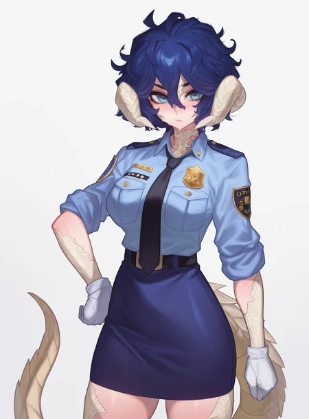 masterpiece, best quality, very aesthetic,gloss,uncensored,
BREAK
1girl, au ra,white scales, dragon horns, dragon tail, blue eyes, blue hair, messy hair, hair between eyes,  police uniform, blue shirt, black necktie, badge, sleeves rolled up, white gloves, blue skirt, pencil skirt
<lora:M0_Chi-ill-fandingo:1>