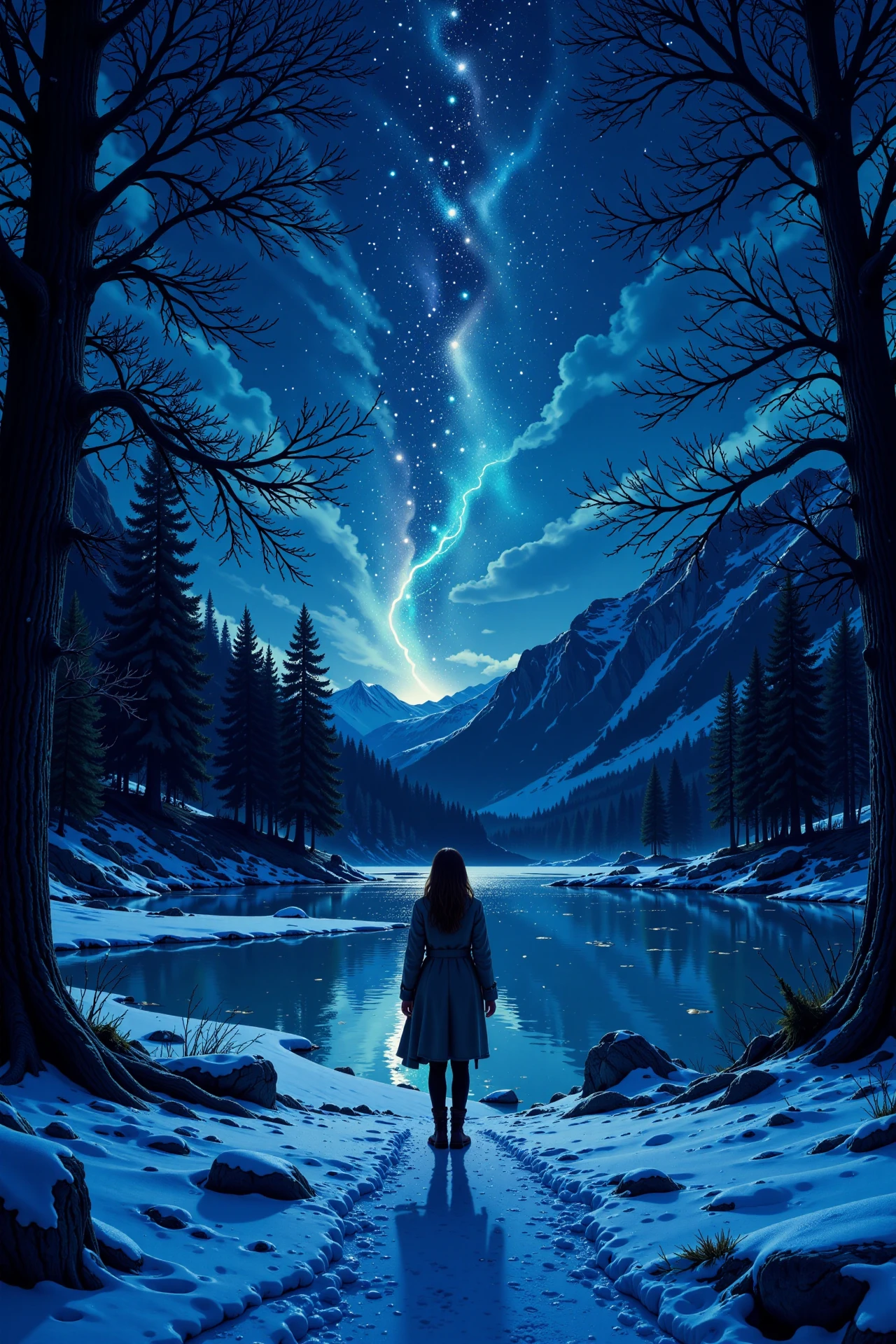 frozen lakeside, bright luminous starry night, woman, very intricate, very detailed, sharp, bright, colorful, <lora:Hand v2:0.5> <lora:Anti-Blur:1><lora:Insane Detail Slider:0.25>  <lora:flux.1_lora_flyway_Epic-detail_v2:0.3> <lora:fluxenhancer:0.25><lora:ck-Neon-Retrowave:0.4> ck-rw, in the style of ck-rw,  <lora:Neurocore Anime Cyberpunk:0.8> A digital artwork in the style of cknc