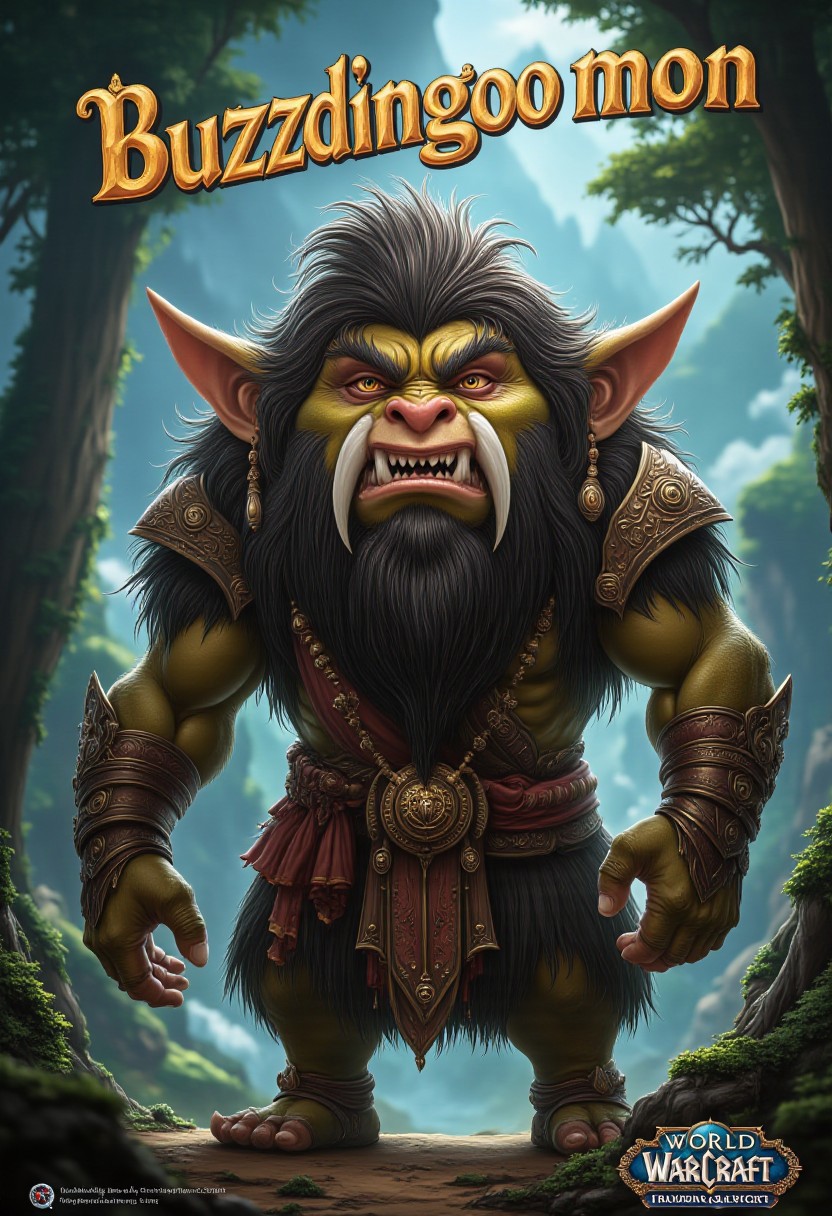 A mischievous troll character from World of Warcraft is standing in his traditional clan outfit, gazing directly at the viewer with a playful yet cunning expression. His tusks curve upward slightly, and his posture suggests he’s up to some trickery. Above him, the words ‘Buzzdingoo mon’ are written in bold, stylized letters, adding to the sense of mischief in the scene. the scene setup on a troll island. high details and realism.