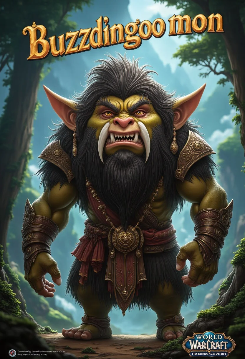A mischievous troll character from World of Warcraft is standing in his traditional clan outfit, gazing directly at the viewer with a playful yet cunning expression. His tusks curve upward slightly, and his posture suggests he’s up to some trickery. Above him, the words ‘Buzzdingoo mon’ are written in bold, stylized letters, adding to the sense of mischief in the scene. the scene setup on a troll island. high details and realism.