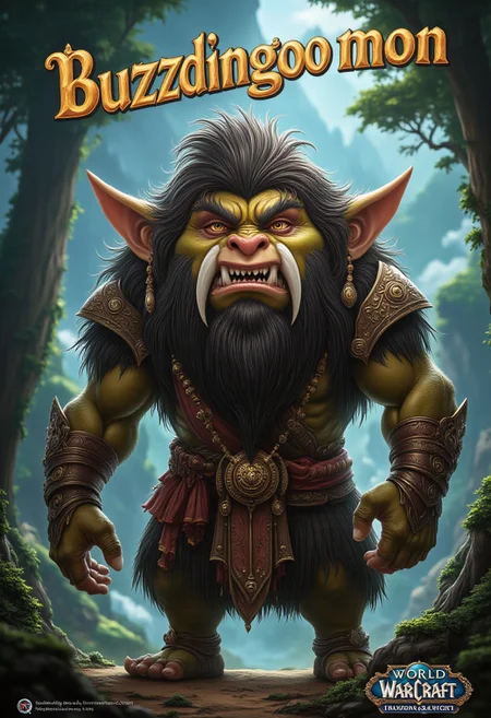 A mischievous troll character from World of Warcraft is standing in his traditional clan outfit, gazing directly at the viewer with a playful yet cunning expression. His tusks curve upward slightly, and his posture suggests he’s up to some trickery. Above him, the words ‘Buzzdingoo mon’ are written in bold, stylized letters, adding to the sense of mischief in the scene. the scene setup on a troll island. high details and realism.