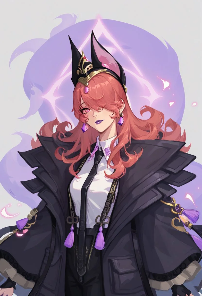 score_9, score_8_up, score_8, pretty girl, looking at the spectator, solo, fox ear headpiece, tie, pink eyes,sujuedaji,looking at viewer, purple lips, black necktie, jewelry, jacket, white shirt,hair over one eye,