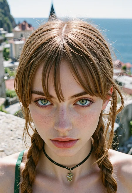 Polaroid wide angle photography of thin czech 1girl, 21yo, with light green eyes and thin lips seen in a top model pose. She has textured auburn braided hair with bangs and makeup featuring shades of red and stylish mascara, wearing The look is topped off with a charm necklace as well as earrings. Set on the edge of a cliff overlooking the urban village, on a sunny spring noon. With soft multi-color lighting, professional edit, dynamic angle <lora:flux_skinny_slider> <lora:flux_UltraRealPhoto>