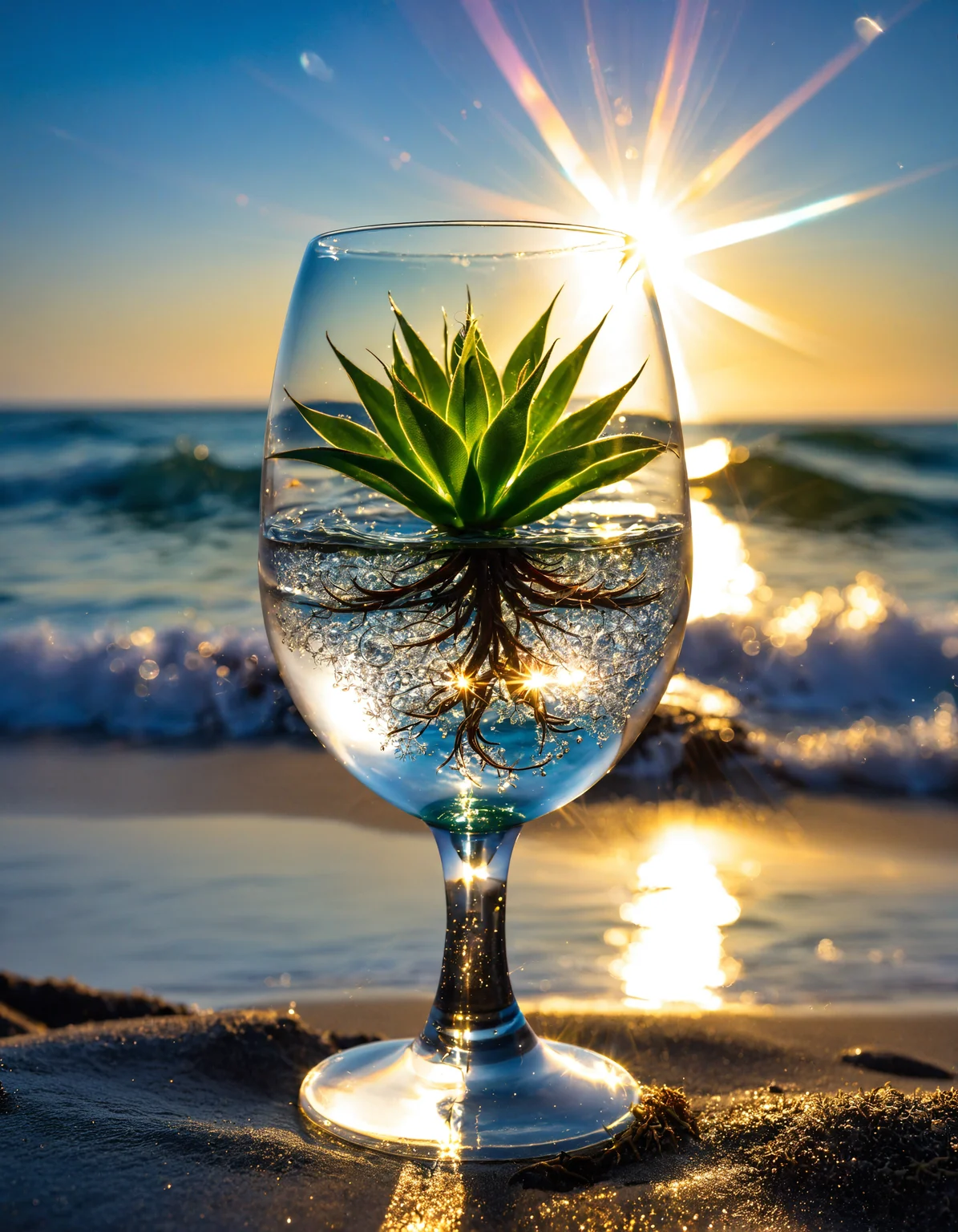 glass art , a small plant in side a glass wine, shine bright like a diamond, find light in the beautiful sea
depth of field, very detailed texture, lens flare, sun glare,