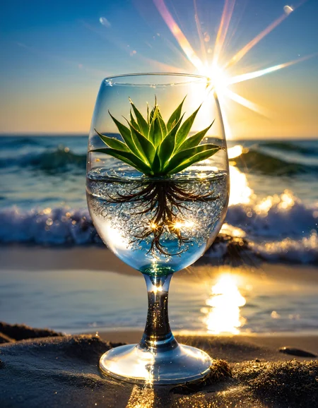 glass art , a small plant  in side a glass wine, shine bright like a diamond, find light in the beautiful sea
depth of field, very detailed  texture, lens flare, sun glare,