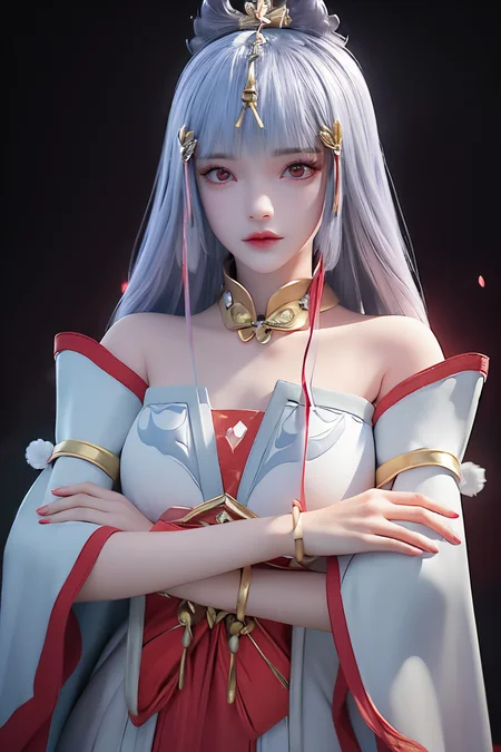 breathtaking <lora:Taiyinyutu:1>,taiyinyutu, 1girl, red eyes, solo, long hair, jewelry, black background, bracelet, crossed arms, bangs, dress, white hair, gold neckwear, clothes gold decoration, clothes patterns, detached sleeves, red ribbon, white pom-poms, hair ornament, simple background, red nails, blunt bangs, blue hair, wide sleeves, very long hair, nail polish, upper body, closed mouth, silver flower, best quality , masterpiece, illustration, an extremely delicate and beautiful, extremely detailed ,CG,unity,8k wallpaper, Amazing, finely detail, masterpiece, best quality,official art,extremely detailed CG unity 8k wallpaper,absurdres, incredibly absurdres, huge filesize , ultra-detailed, highres, extremely detailed,beautiful detailed girl, extremely detailed eyes and face, beautiful detailed eyes,light on face, . award-winning, professional, highly detailed