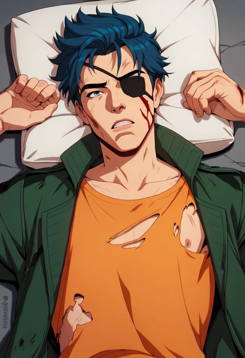 xmen97 style, 1boy, solo, male focus, blood, lying, on back, eyepatch, jacket, blue hair, pillow, collar, teeth, blue eyes, scar, blood on face, shirt, orange shirt, short hair, open jacket, open clothes, collarbone, torn clothes, injury, parted lips, anime coloring, flat color, cel shading, cel shaded, 2d, PonyXLV6_Scores zPDXL