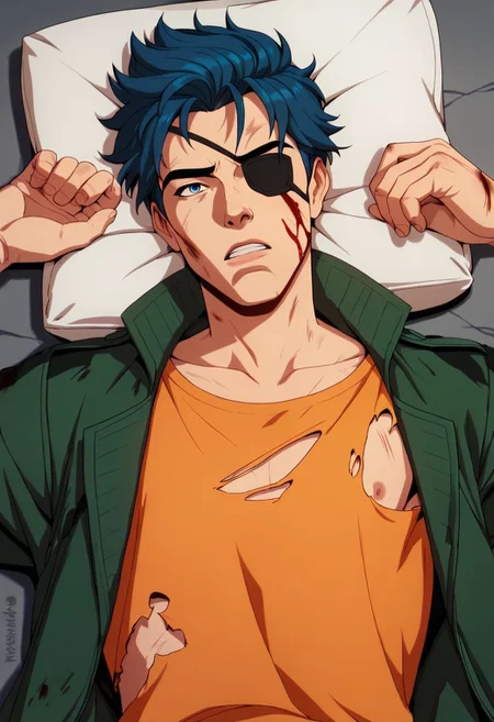 xmen97 style, 1boy, solo, male focus, blood, lying, on back, eyepatch, jacket, blue hair, pillow, collar,  teeth, blue eyes, scar, blood on face, shirt, orange shirt, short hair, open jacket, open clothes, collarbone, torn clothes, injury, parted lips, anime coloring, flat color, cel shading, cel shaded, 2d, PonyXLV6_Scores zPDXL