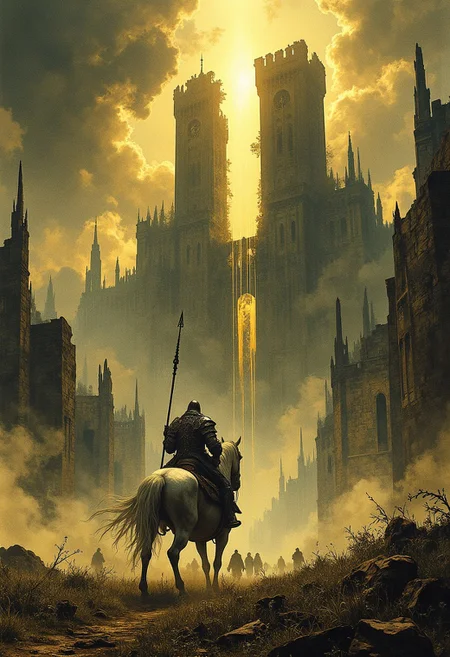 A gloomy and ominous fantasy landscape, above which rises a split tower radiating golden light from its ruined middle, its mighty crenellations jutting into the stormy sky. Below is an ancient ruined Gothic city with high roofs and ruined arches, shrouded in a thick mystical fog. In the foreground from the back is a lone warrior in elaborate silver armor, riding a ghostly horse and with a long shining halberd at the ready, galloping at a fast gallop, mowing the tops of the grass with his halberd, with clouds of dust and dirt rising from under his feet.
The landscape is covered with swaying tall grass and weathered ruins, creating a gloomy and eerie atmosphere. Shadows of lurking monstrous figures appear in the distance, heightening the sense of foreboding. The stage is flooded with a gloomy golden and ashy glow, with rays of light breaking through thick clouds, emphasizing the vastness and hopelessness of the world. The overall tone is epic and melancholy, imbued with a sense of ancient mystery and impending doom.