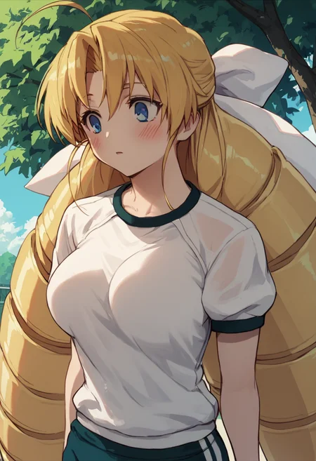score_8_up, 1girl, blonde hair, blue eyes, solo, long hair, drill hair, bow, blush, ahoge, large breasts, gym uniform, outdoors <lora:Selnia_Lori_Flameheart:1>
