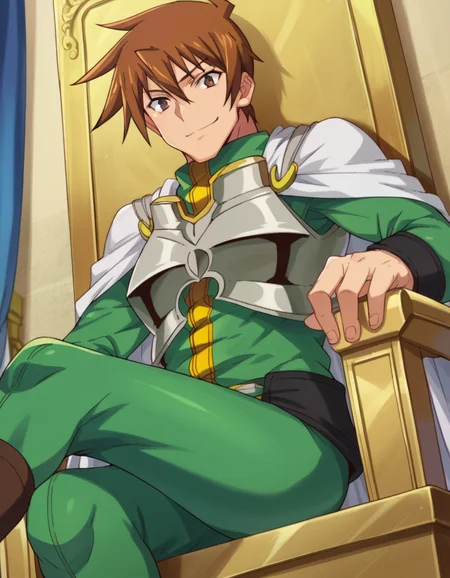 score_9, score_8_up, score_7_up, source_anime,
rance, <lora:rance-ponyxl-lora-nochekaiser:1>
rance, brown hair, brown eyes, male focus, smile,
cape, armor, bodysuit, green bodysuit,
indoors, throne, throne room, sitting,
looking at viewer, dutch angle, cowboy shot