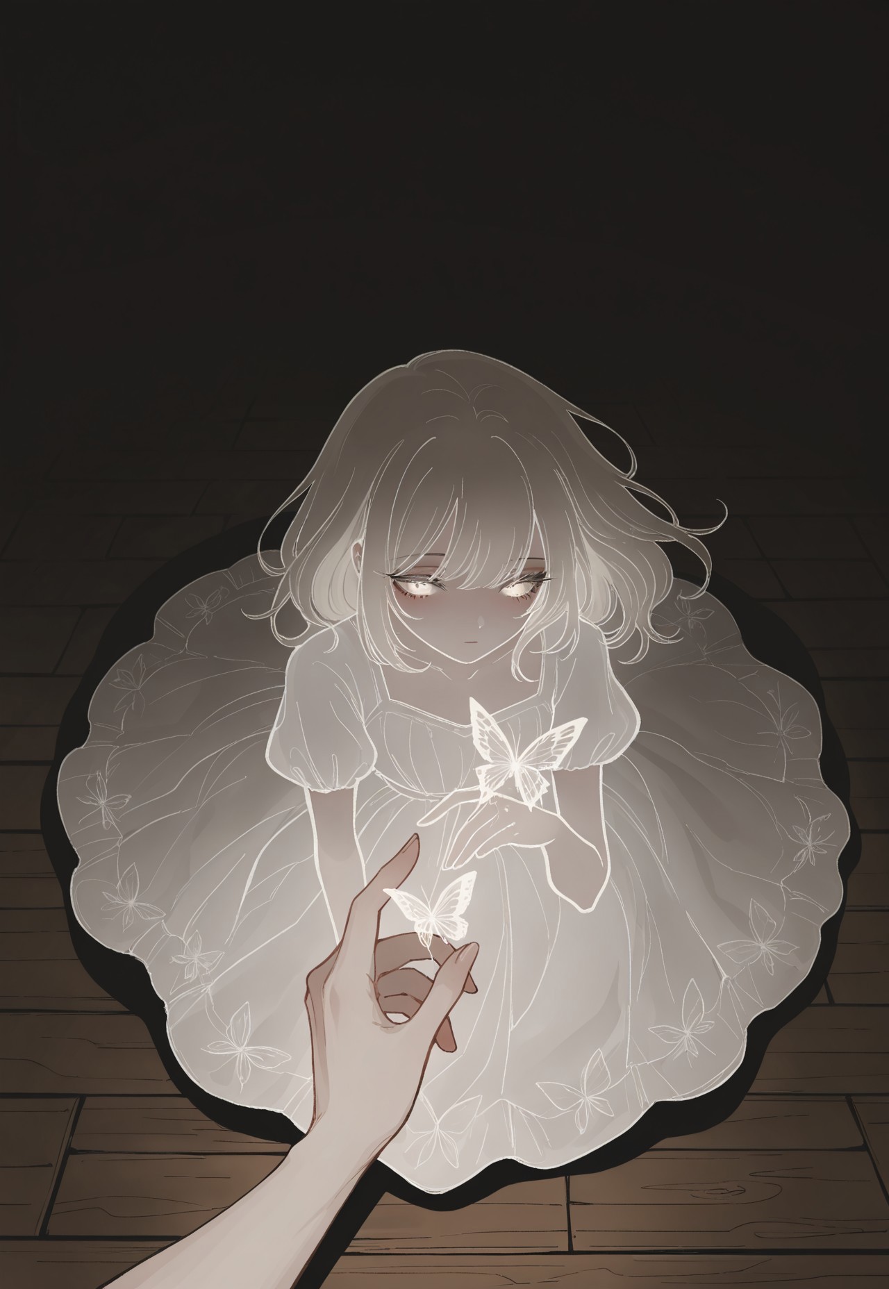Solo, ethereal, detailed, halfturned, melancholic,

dark background, wooden floor, 

pov, female hand, butterfly_on_hand, white dress, 

masterpiece, best quality,  very aesthetic, absurdres, newest, 