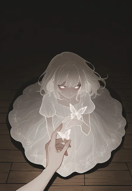 Solo, ethereal, detailed, halfturned, melancholic,
dark background, wooden floor,
pov, female hand, butterfly_on_hand, white dress,
masterpiece, best quality, very aesthetic, absurdres, newest,