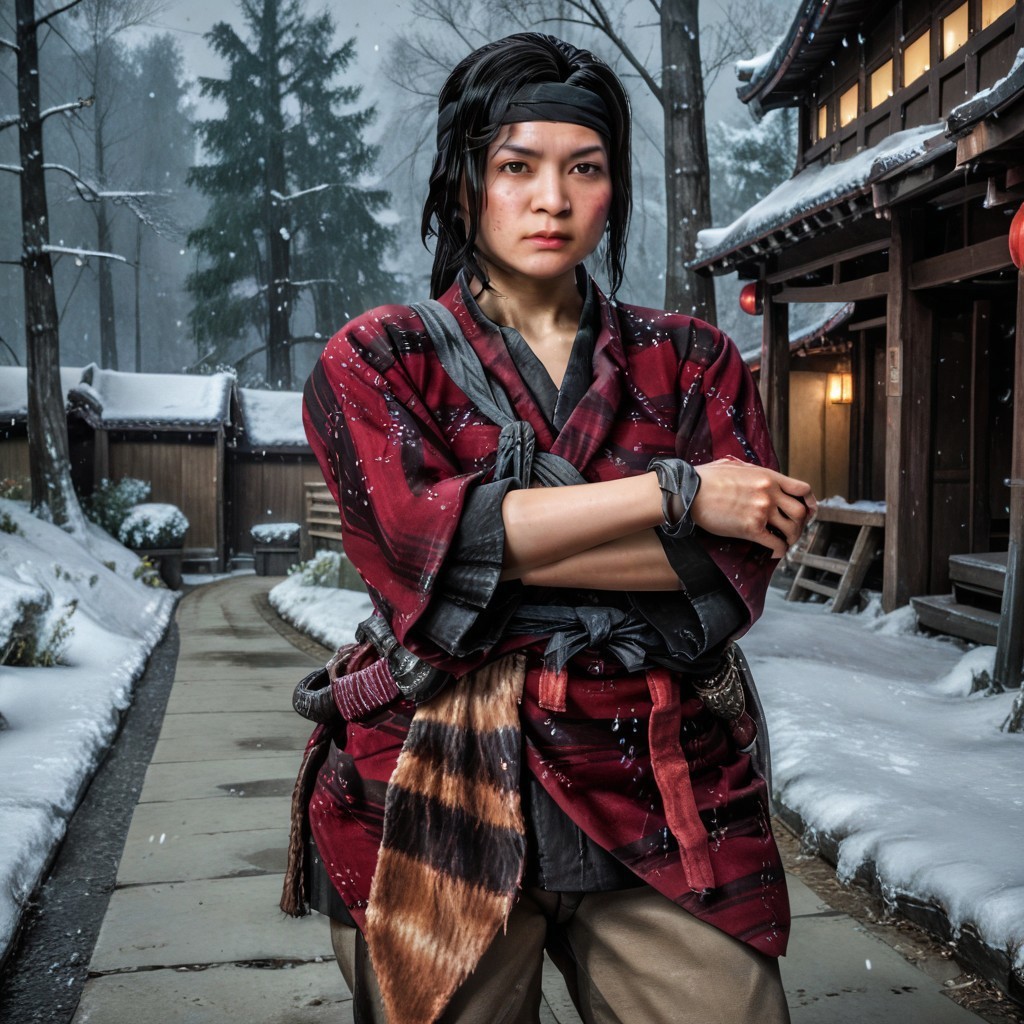 score_9, realistic, yun_got, black hair, headband, japanese clothes, sash, belt, pants, crossed arms, looking at viewer, annoyed, snowing, trees